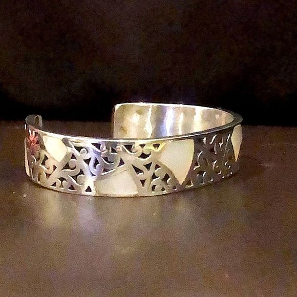 LOIS HILL Mother of Pearl Sterling Silver Cut Out Cuff Bracelet Thin Vintage - Picture 7 of 17